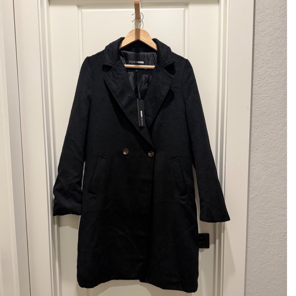 Fashion Nova Overcoat Women S Black Double Breasted Lined Long Trench Coat